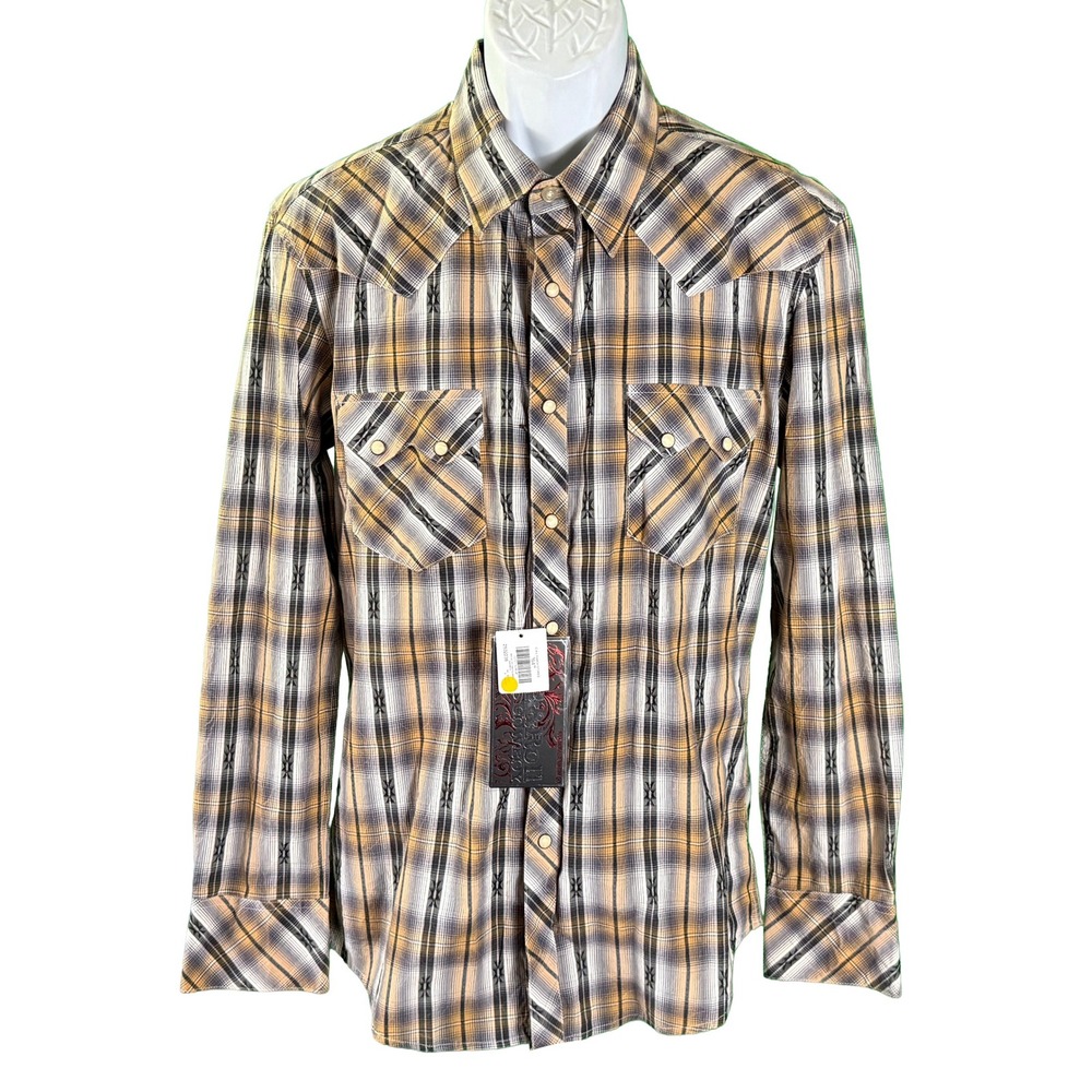 Rock & Roll Cowboy Western Shirt Mens M Tan Plaid Pearl Snap Long Sleeve B2S4066